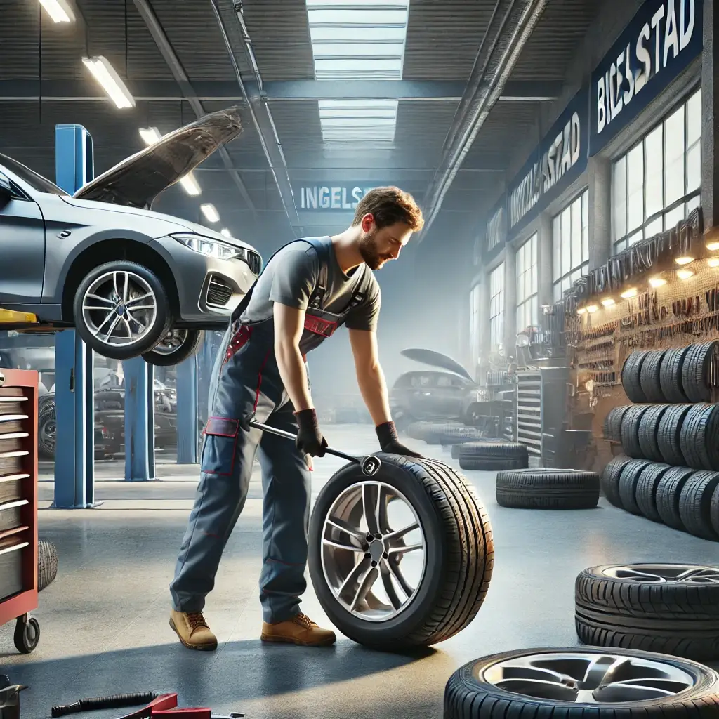 En professionell mekaniker byter ett bildäck i den välutrustade verkstaden Ingelstad Bilservice, omgiven av däckställ och verktyg i en ren och organiserad miljö.